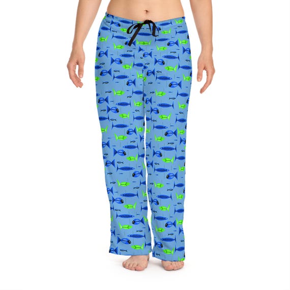 Retro MCM Fish Women's Pajama Pants, Blue Sleepwear, 50's Lounge Attire, Tiki Party Outfit, Cozy Vintage Mid-Century Modern Loungewear