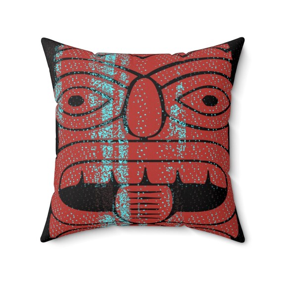 Retro TIKI HEAD on Spun Polyester Square Pillow Case  Fire Red and Ocean Blue Tone, Tropical Mid Century Modern  in 5 Sizes