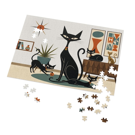 Mid Century Black Cat Family Jigsaw Puzzle with Tin | Retro Atomic Cat Art