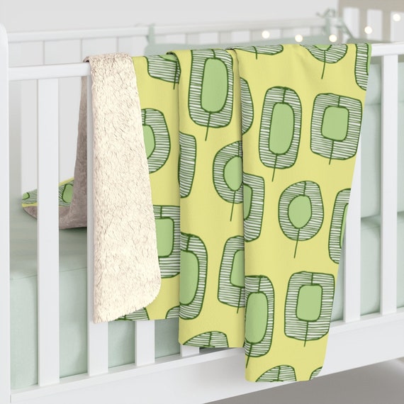 Retro Mid Century Modern "Dingbat" inspired Green and Yellow Sherpa Fleece Blanket, 2 sizes