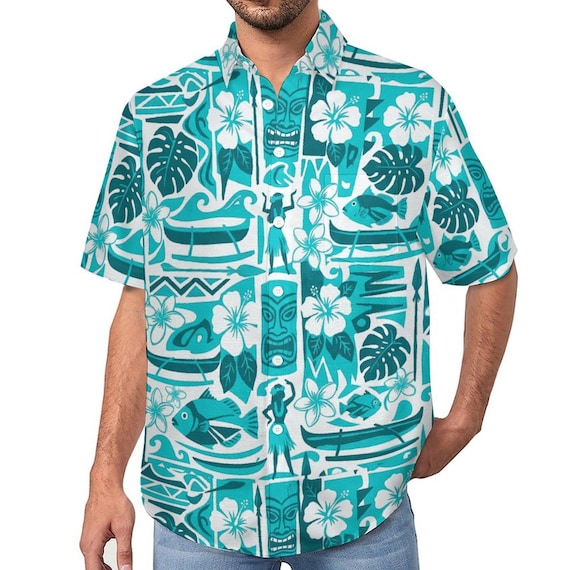 Men's Retro Tiki Hawaiian Shirt: Faux Linen, Tropical Print, Mid-Century Resort Wear
