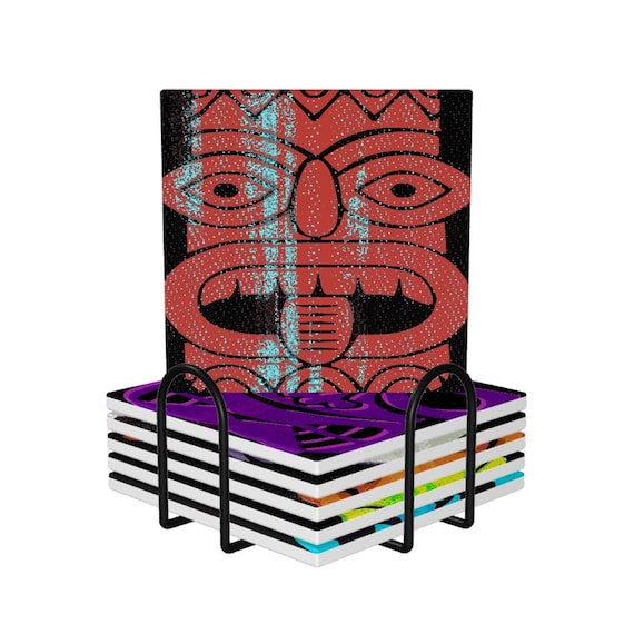 Tiki God Square Ceramic Coasters with holder Mid Century Modern Tropical  six different Tiki designs to protect you and prevent watermarks