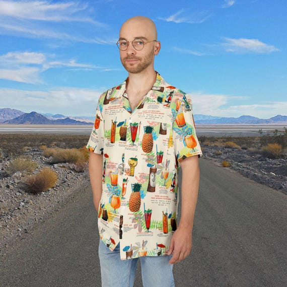 Hawaiian Shirt, Retro Tiki Bar Drink Menu, Mid Century Modern Tropical Classic, Unisex Button-Down, Luau Party Attire, Summer Beach Shirt,