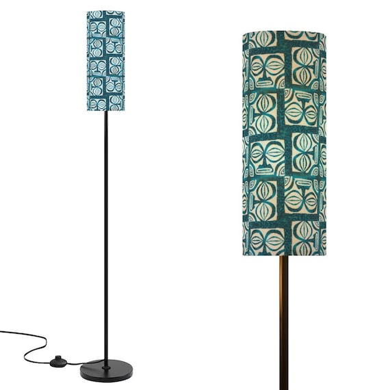 Retro Tiki Tropical Pattern Floor Lamp Mid Century Modern Standing Lamp Linen Shade Living Room Bedroom Decor