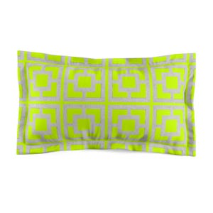 May include: A rectangular pillowcase with a geometric pattern. The design features a grid of lime green squares and rectangles set against a speckled gray background. The pillowcase is a bright and modern home decor item.