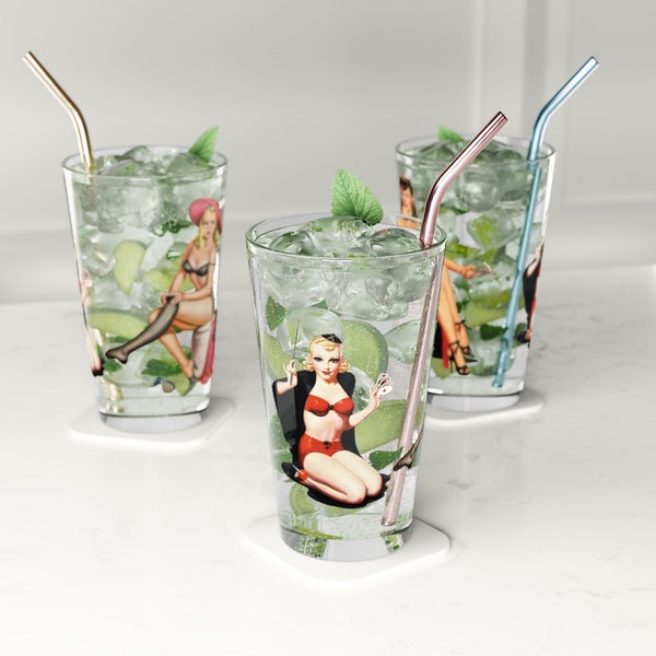 Retro Classic "TROUBLE" PinUps on a Pint Glass, 16oz, Retro 1940's Cheesecake, 3 on a glass, perfect gift for Pin up and Burlesque