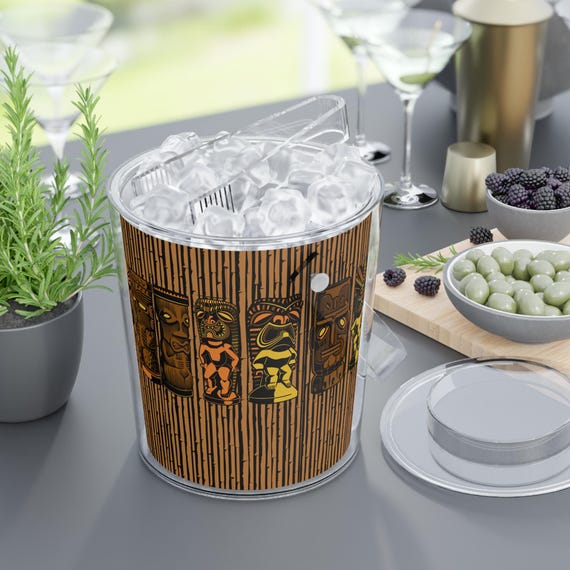Bamboo Tiki God pattern Ice Bucket, Retro MCM Barware, Vintage Ice Bucket with Tongs, Tiki Party Decor, Hawaiian Luau Ice Bucket