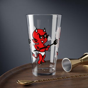 Retro Tattoo Art Little Red Devil Pint Glass: Vintage Cartoon Style