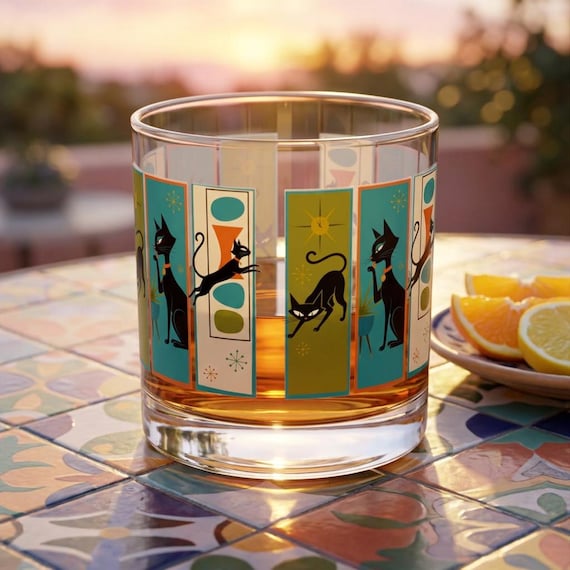 Mid-Century Black Cats Rocks Glass | 10oz Retro Cat Cocktail Tumbler