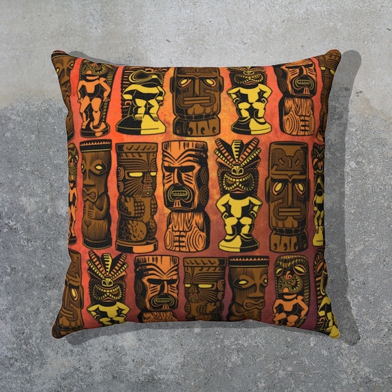 Retro Tiki Gods Spun Polyester ORANGE Square Pillow Case 1950s Mid Century Modern, 4 Sizes!