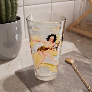 Pint Glass, 16oz Retro Classic &#39;TROPICAL&#39; PinUps, Burlesque Gift, Cheesecake Design, Pin up Fan, Pint Glass