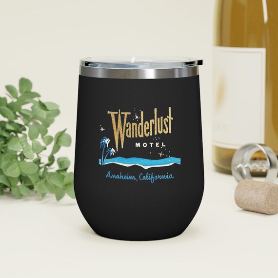 Retro Mid Century Modern Wanderlust Motel  12oz Insulated Wine Tumbler, Black or Stainless Steel finish