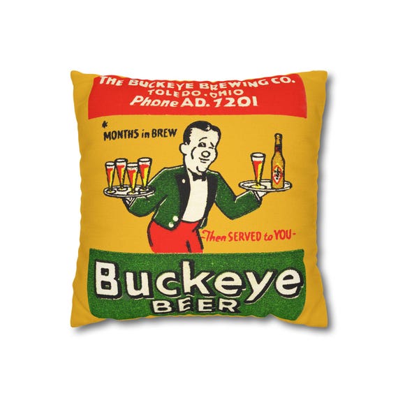 Vintage BUCKEYE BEER Retro Spun Polyester Pillowcase, 1935-70's Brewery Design, Home Decor, Gift for Beer Lovers, Throw Pillow Cover, Man