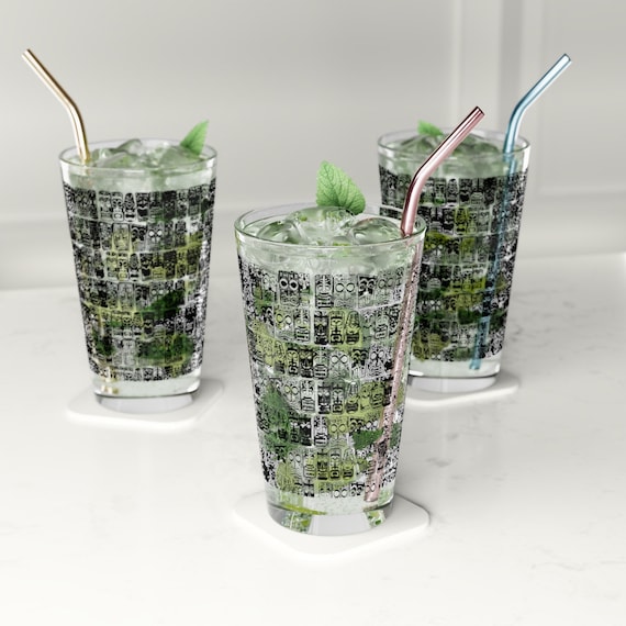 Retro Tiki Pattern Pint Glass, 16oz, Tropical Midcentury Modern for your Tiki Bar and Tiki Drink lifestyle
