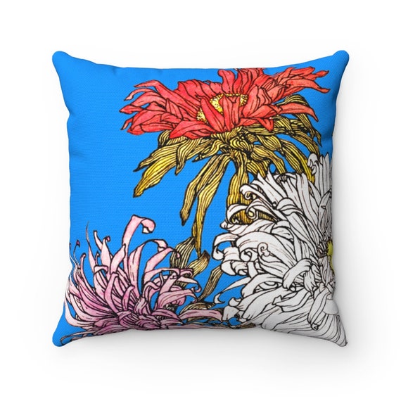 French 19th Century Floral Watercolor on Brilliant Blue Spun Polyester Square Pillow Case
