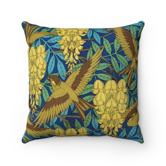French 19th Century Floral Square Pillow Case and Bird Wallpaper pattern on Spun Polyester