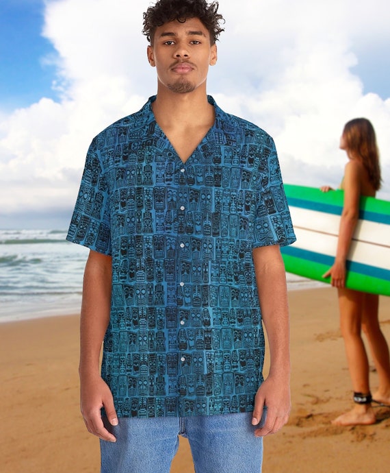 Retro Tiki Ocean Blue Men's Hawaiian Shirt Mid Century Modern Tropical for your Tiki Party or MCM life. NEW DESIGN with Pocket!