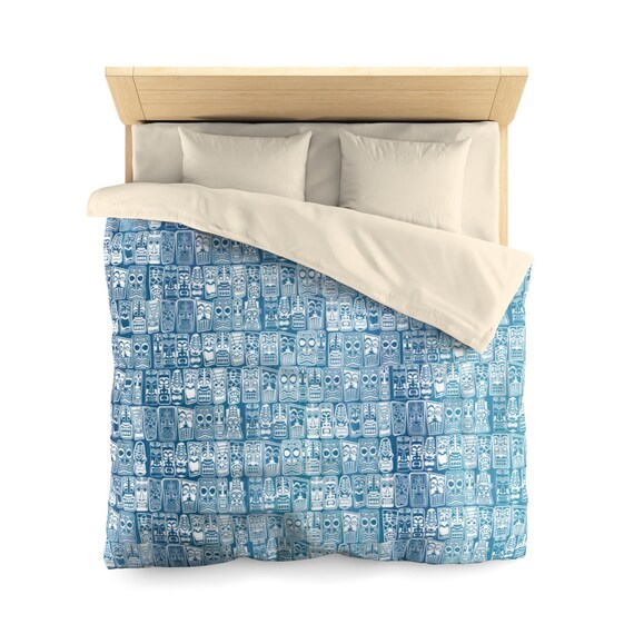 Retro TIKI  Microfiber Duvet Cover BLUE and WHITE, retro Tropical mid century modern lifestyle, Two Sizes