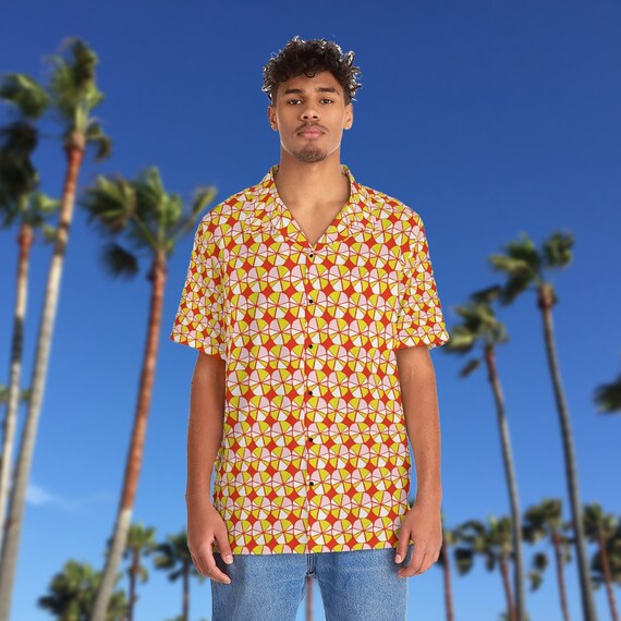 Retro Orange and Red Mid Century Modern Pattern Men's Hawaiian Shirt with 1950s MCM Design when it's Happy Hour at the Tiki  Bar