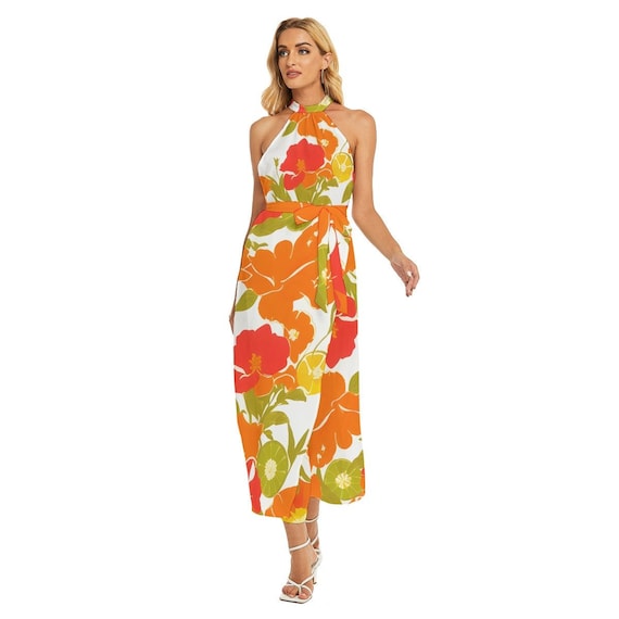 Retro 70s Orange Flower Explosion Wrap Hem Belted Halter Dress. The perfect Party Dress