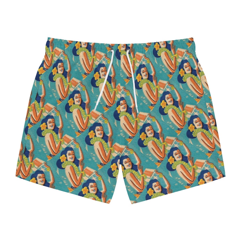 Retro Tropical Blue and Orange Hula Girl Mens Swim Trunks Mid | Etsy