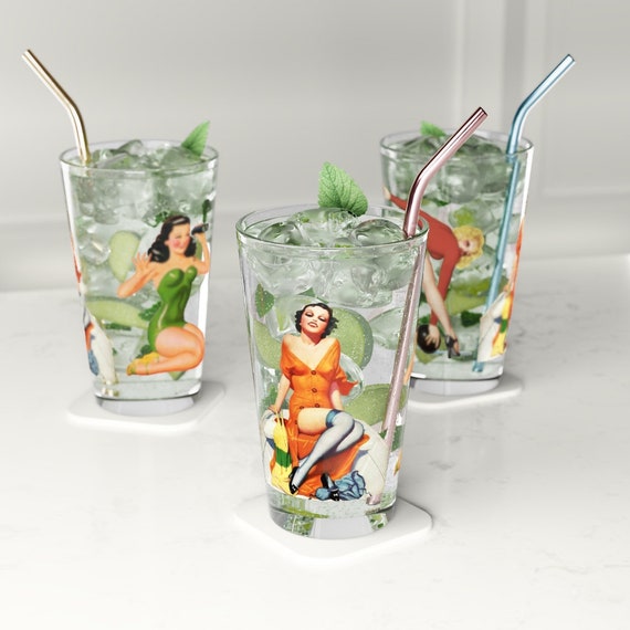 Retro Classic "Sporty" PinUps on a Pint Glass, 16oz, Retro 1940's Cheesecake, 3 on a glass, perfect gift for Pin up  and Burlesque fans