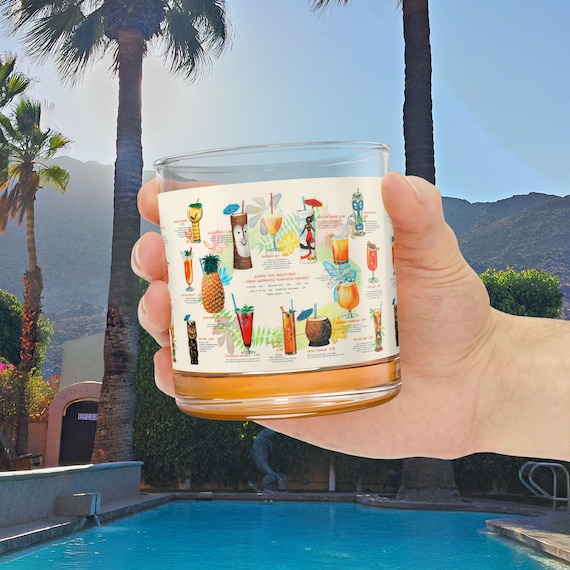 Retro Tiki Drink Menu Rocks Glass, Whiskey Lovers, 50s Tiki Tropical Artwork, Mid-Century Modern Vintage Beach Vacation,