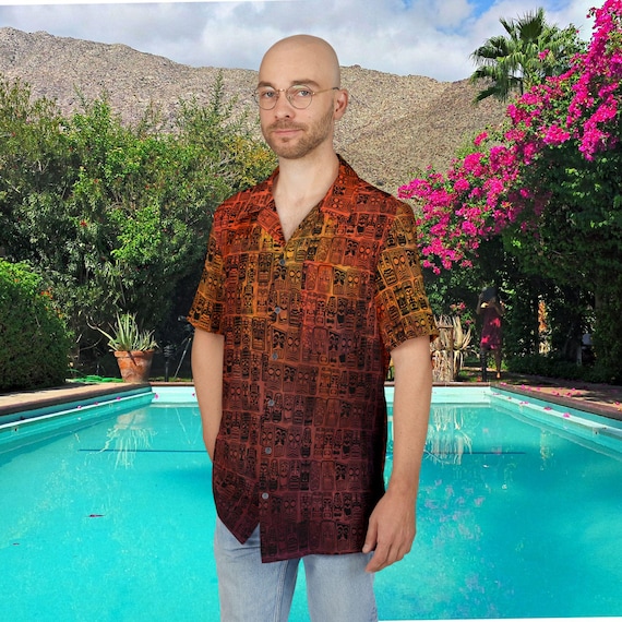 Retro Tiki Volcano Hawaiian Shirt, Mid Century Modern, Men's Button-Down, Tiki Party, Orange Shirt with Pocket, MCM Style