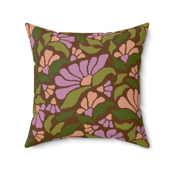 Retro 70's Floral Brown Pink and Green Print on Spun Polyester Square Pillow Case,  in 5 Sizes