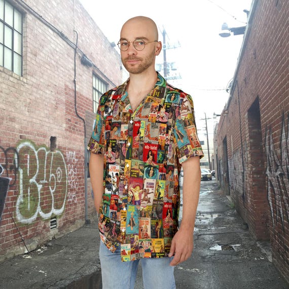 Men's Hawaiian Shirt, Pulp Crime Fiction Button-Down, Retro Mid Century Modern Tropical, Film Noir Aloha Top, Vintage Hawaiian Dad Shirt