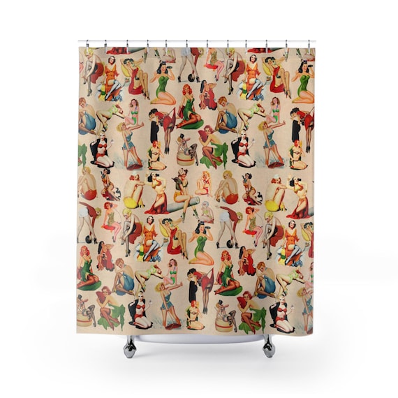 Vintage Pin Up Beauties Shower Curtain, Retro Cheesecake Art Bathroom Decor, 71x74 Inch, Nostalgic Bath Curtain, 40s Pinup Girl, Sexy