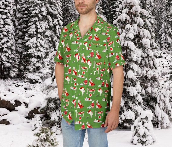 Retro MCM Santa Hawaiian Shirt: Green Mid-Century Modern Christmas