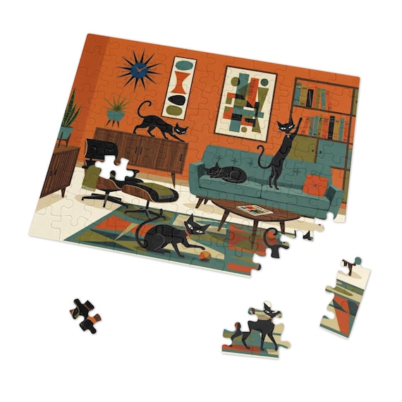 Mid Century Black Cats Retro Atomic Art Jigsaw Puzzle with Tin