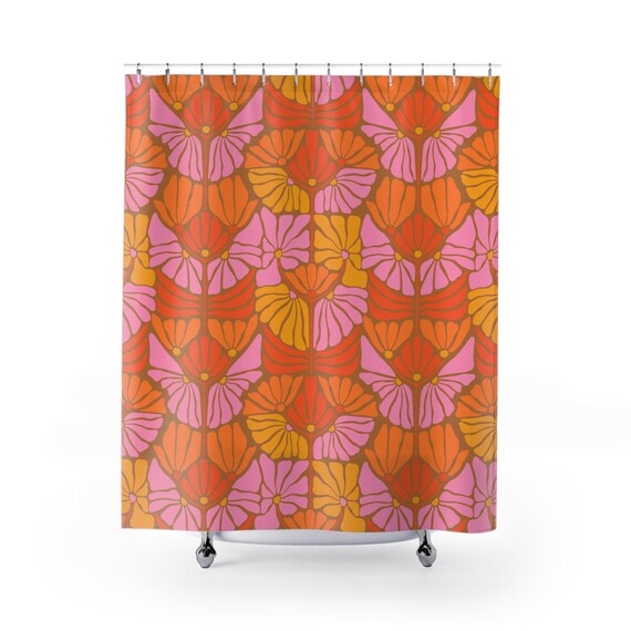 70s Retro Shower Curtains, Vintage Orange Pink Brown Bathroom Decor, Hippie Boho Home Accessories, Groovy Bath Curtain, 1970s Mod Bohemian