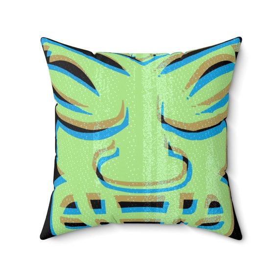 Retro TIKI HEAD on Spun Polyester Square Pillow Case Hula Skirt Green and Sky Blue Tone, Tropical Mid Century Modern  in 5 Sizes