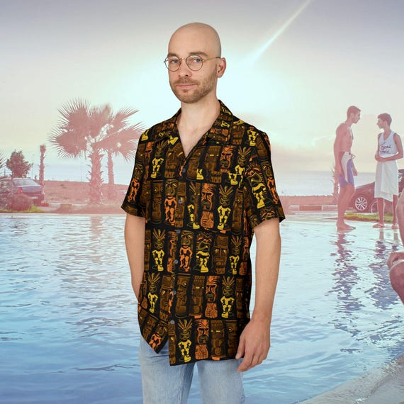 Retro Tiki Gods Hawaiian Shirt, MCM Tropical Aloha Party Top, Vintage Luau Beach Shirt, Men's Button-Down, Tiki Lounge Apparel
