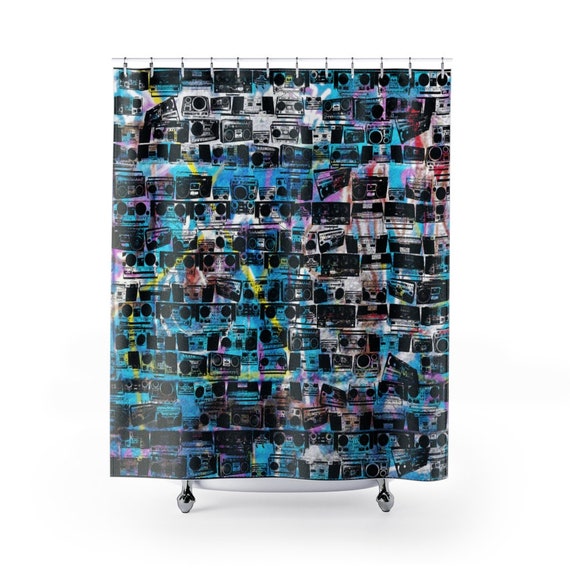 Retro 80's Boombox Collage Graffiti Shower Curtain / 71" x 74" HipHop Boombox Remix