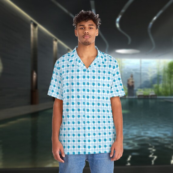 Retro Blue and White Mid Century Modern Pattern Men's Hawaiian Shirt with 1950s MCM Design when it's Mai Tai Date Night.