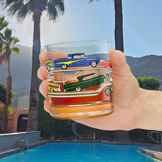 Vintage 50s Cars Rocks Glass: Mid-Century Modern Whiskey Barware