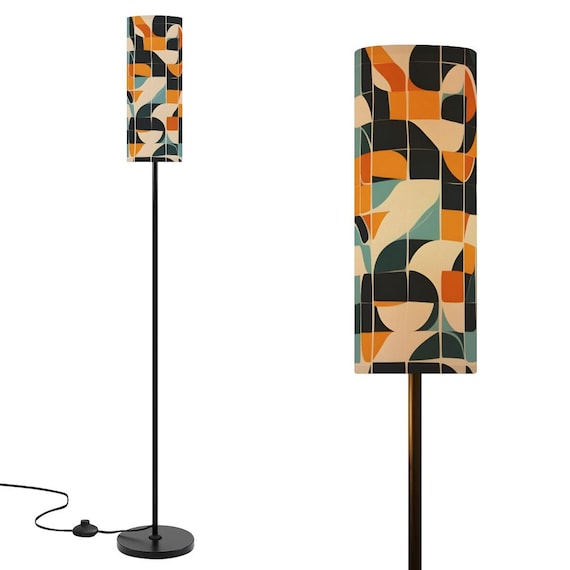 Retro 60s Pattern Floor Lamp Mid Century Modern Standing Lamp Linen Shade Geometric Abstract Lighting Living Room Bedroom Decor