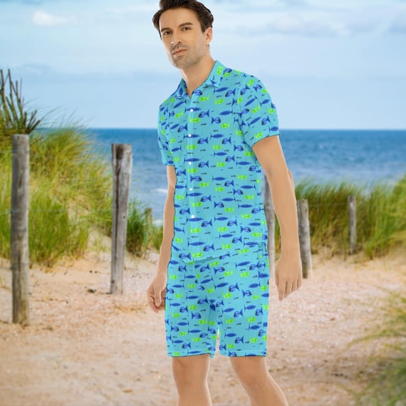 Hawaiian Retro 50s Fish Graphic  2 Piece Short Set Men Tropical Cruise Set Matching MCM Shirt and Shorts Beach Resort Wear