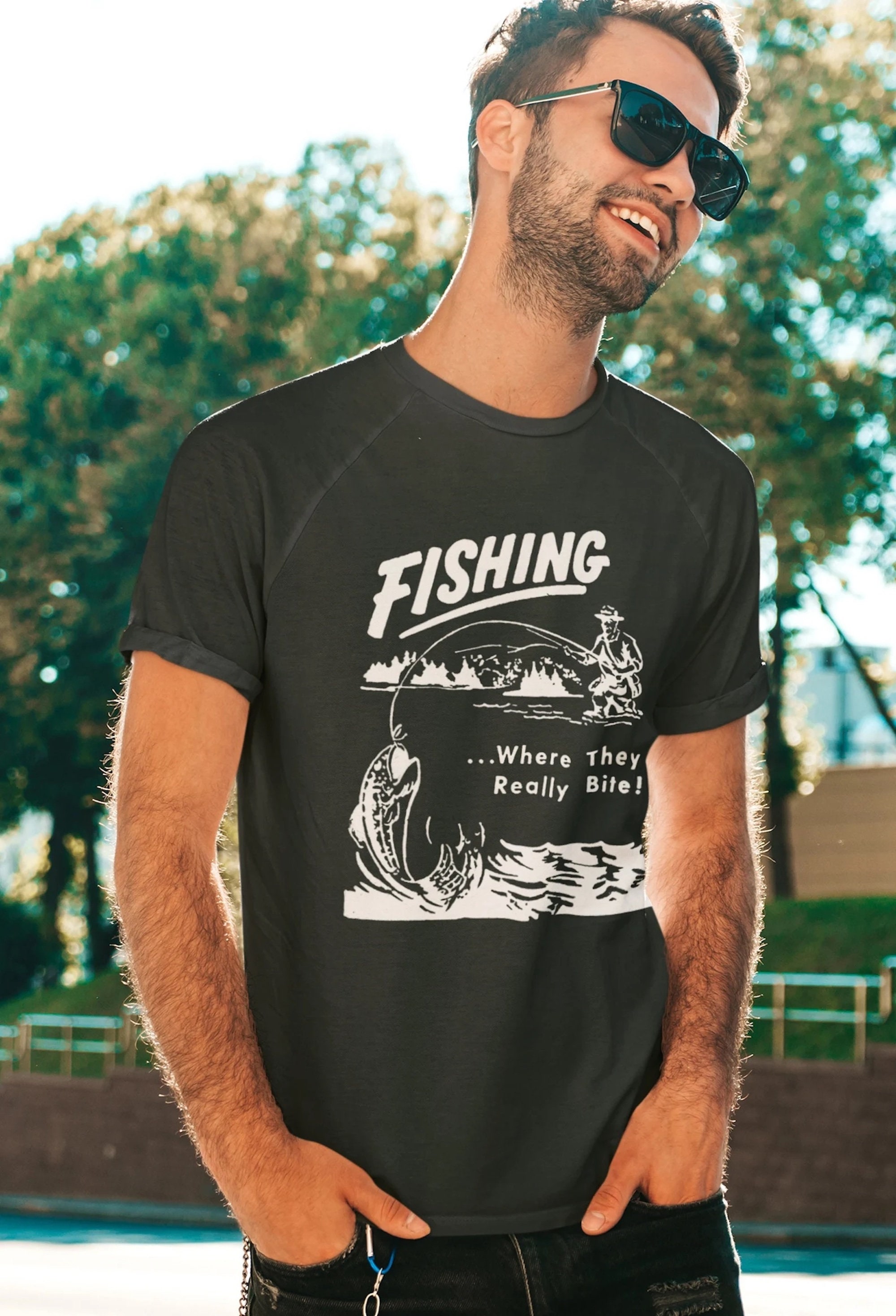 Retro FISHING Ad Fish Where They Bite Bellacanvas Cotton Tee Shirt