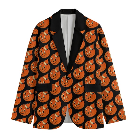 Retro Halloween Smiling Pumpkin  Black Blazer Trick or Treat Holiday Party Jacket Jack O Lantern