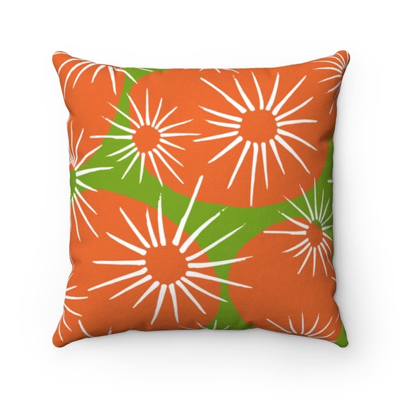 Retro Square Pillow Case, Mid Century Modern inspired ORANGE and GREEN print on Spun Polyester.  4 Sizes!