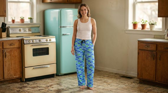 Retro Fish Pajama Pants: MCM Blue Loungewear