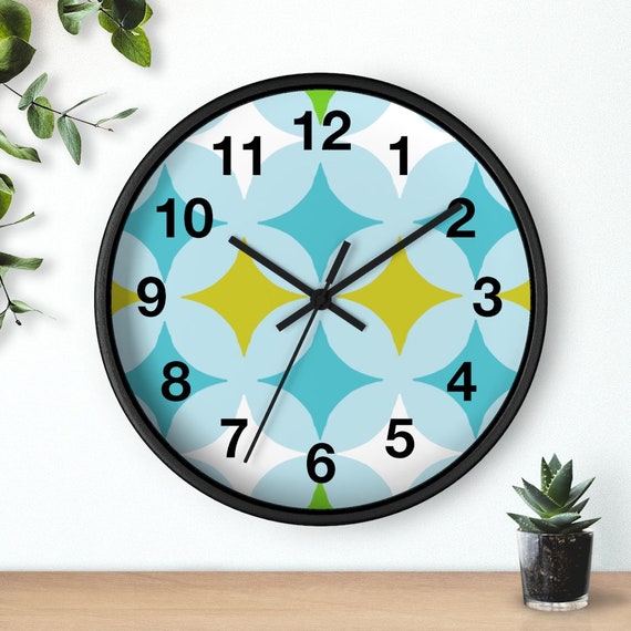 Retro Mid Century Modern Wall clock 1950's Modernism Dingbat Style Blue and Gold and Green