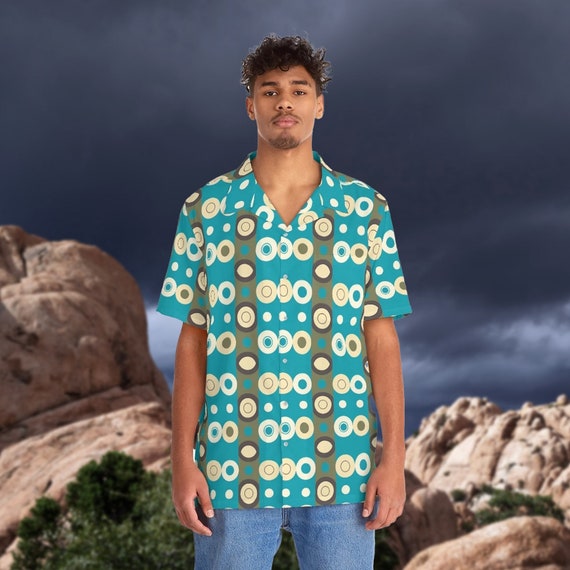 Retro 60s Pattern in Blue, Green and Brown on a Men's Hawaiian Shirt Mid Century Modern Tiki Party. Bright eccentric MCM Design
