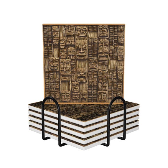 Retro Carved Tiki Heads on Square Ceramic Coasters 6 pcs with Holder, each unique, Mid Century Tropical Bamboo Tiki Bar or Tiki Party!
