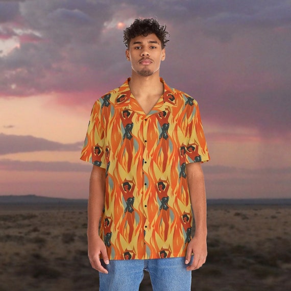 Retro Orange and Red Mid Century Modern Tropical Fire Dance Men's Hawaiian Shirt with 1950s MCM Design when it's Happy Hour at the Tiki  Bar