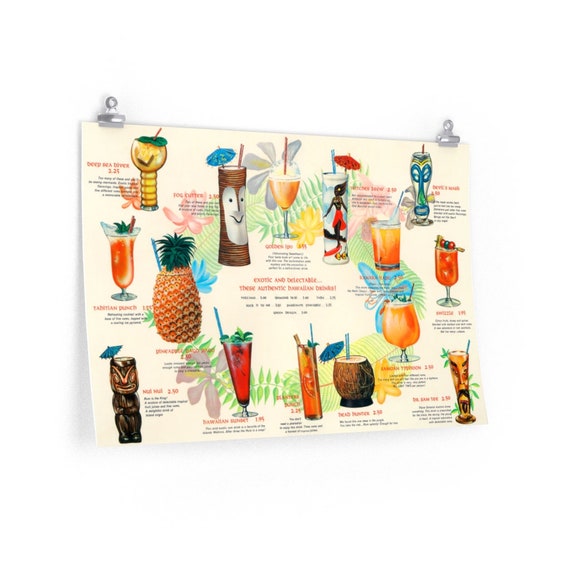 Retro Tiki Bar Drink Menu Premium Matte  poster / Tropical Mid Century Modern Drinks! / 3 Sizes